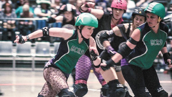 Jama Jenkins (left) and Natasha Brantley (right) compete in a roller derby for her team out of Milton, Fla. Jenkins will be the coach of the Andalusia team, which is looking for players and a venue at which to practice. |                            Courtesy photo