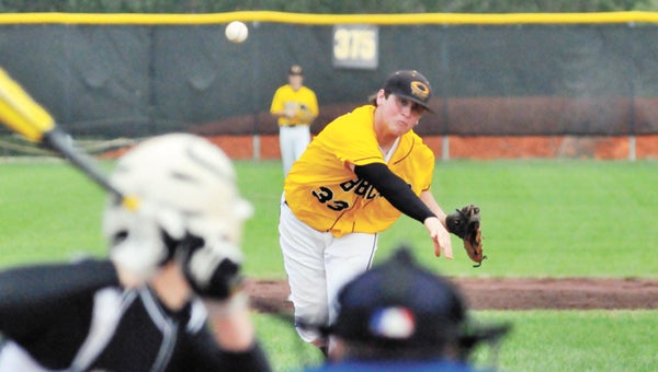 Opp’s Dakota King (33) pitches during the Bobcats 7-0 victory over Straughn Thursday night. King allowed no runs on four hits in the win. | Andrew Garner/Star-News