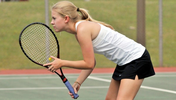 Andalusia's Anna Beth Bowden waits for the serve during her No. 2 doubles match Tuesday. | Andrew Garner/Star-News