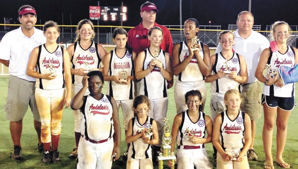 Andalusia’s 12-and-under girls softball team beat Piedmont 6-5 in a winner-take-all game Saturday night to win the 2013 ARPA Fast-Pitch State Softball Tournament in Gadsden. They are shown in the front row from L to R: Zaria Jones, Olivia Mikel, Sydney Ray and Chloe Mikel.  Back row from L to R: Coach Anthony Mikel, Millie Manring, Madison Long, Mary Katherine Salter, Coach Steven Salter, Olivia Amerson, Alaina Nettles, Maisy Garner, coach Buddy Manring and Tessa Walker. |                                                                    Courtesy photo