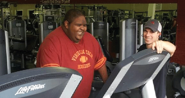 John ‘Tiny’ Likely began a fitness program Tuesday with Klint Short as his coach. Both men work at Zaxby’s. Tiny has already begun losing weight, and was down to 469 pounds last week.