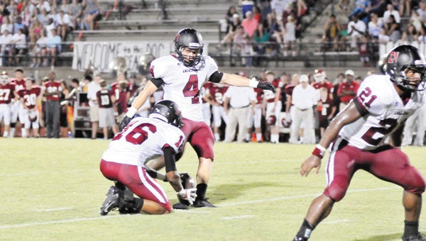 Chase Hopkins prepares to kick a field goal during Andalusia’s 47-17 loss to UMS-Wright.