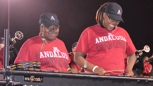 Andalusia’s Chnasia Marshall and Dezanee Ball play the xylophone during Saturday’s exhibition performance. 