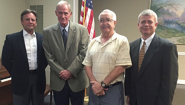 Four the Covington County’s living current and former circuit judges were in attendance at the Covington Historical Society’s meeting Thursday night. Shown from left are Judge Lex Short, former judges Ab Powell and Jerry Stokes; and Judge Ben Bowden.