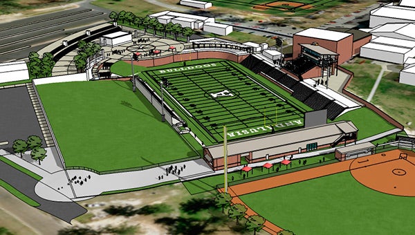 This architect’s rendering shows proposed changes to Andalusia Municipal Stadium, including the construction of a field  house and dressing rooms for the softball team. 